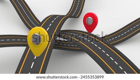 Image of location marks over roads on white background. transport, traffic, navigation and technology concept digitally generated image.