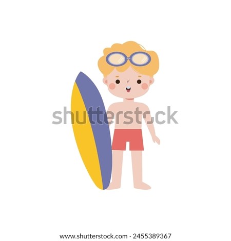 cute surfer kid character with surfboard on beach. Happy young surfer on the crest wave, flat vector illustration isolated on white background summer time 