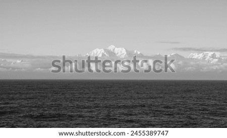 scenery and peaceful mountainscape with ocean horizon. photo of mountainscape with horizon.