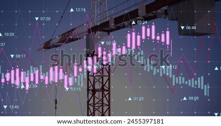 Image of financial data processing over crane and construction site. global development, business, finance, digital interface and data processing concept digitally generated image.