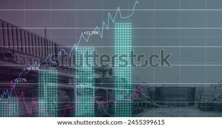 Image of financial data processing over construction site. global development, business, finance, digital interface and data processing concept digitally generated image.