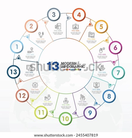 Basic circle infographic template with 13 steps, process or options, process chart, Used for process diagram, presentations, workflow layout, flow chart, infograph. Vector eps10 illustration.