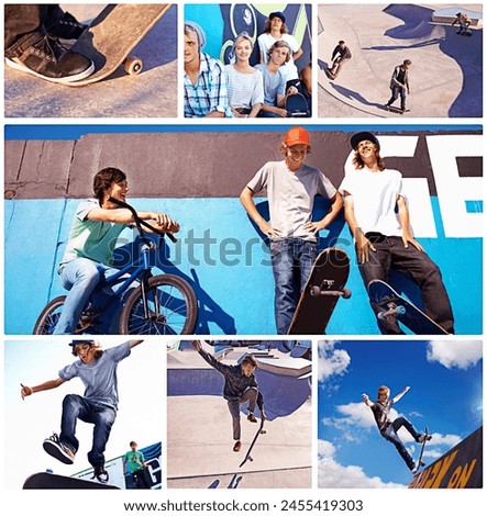 Happy, teenager group and skating for sports, relax and fitness in digital composite. Collage of friends, skater and energy with smile for exercise, fun and freedom on vacation at skatepark