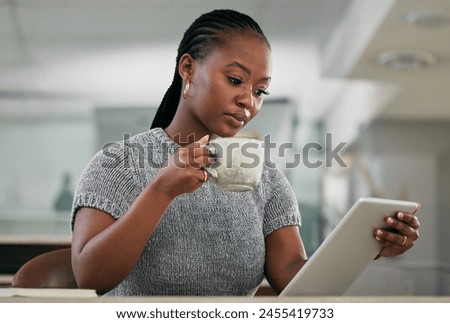 Agenda, coffee and tablet with business black woman in office to do research for project management. Planning, schedule and technology with design employee in creative workplace for networking Royalty-Free Stock Photo #2455419733