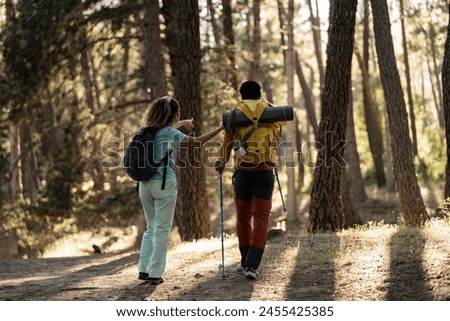 Two friends, immersed in conversation, trek along a shaded forest trail in the golden hour, creating memories together. Royalty-Free Stock Photo #2455425385
