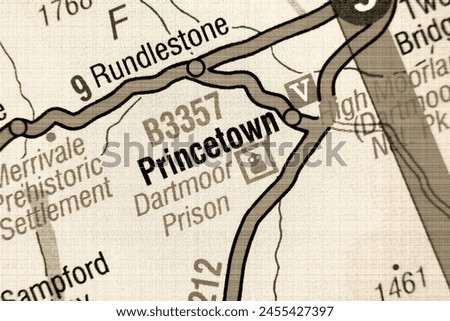Princetown- Devon, United Kingdom a colour atlas map town name in sepia