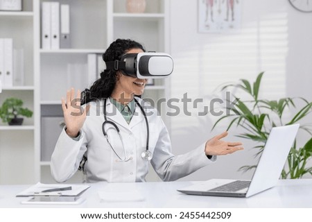 A female doctor wearing a virtual reality headset in her office, experimenting with advanced medical technology to enhance patient care.