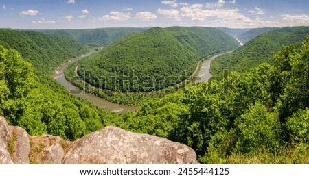 An Overlook of the Winding New River at New River Gorge National Park and Preserve in southern West Virginia in the Appalachian Mountains, USA