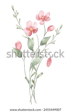 Wild flowers, leaves watercolor floral clip art. Botanical illustration perfectly for printing design on invitations, cards, wall art, poster, sticker. Isolated on white background. Hand painting.