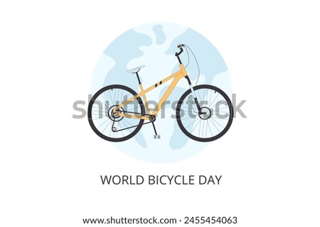 World bicycle day emblem. Global sport and healthy life holiday greeting card. Bike and globe isolated on white background. Vector flat illustration.