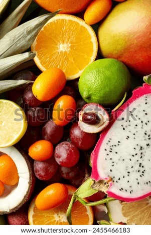 Set of fresh ripe tropical fruits, close up
