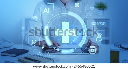 Woman doctor finger touch tablet on work desk, large cross and medical icons hologram, AI robots for diagnosis in future. Concept of artificial intelligence, life insurance and healthcare