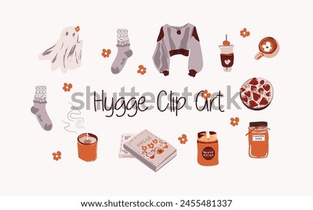Hygge Clip Art With Candle, sweater, cozy weather, strawberry pie cake, jam, socks