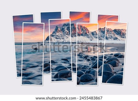 Isolated eight frames collage of picture of huge peak on Haukland Beach, Vastvagoy. Stunning sunset with endless horizon on Lofoten Island, Norway, Europe. Mock-up of modular photo.
