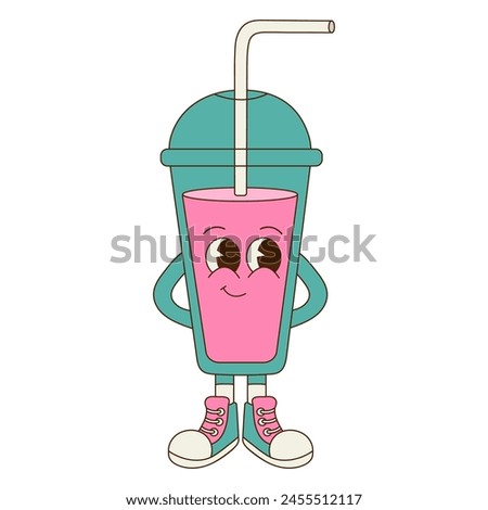 Groovy cute soda cartoon character. Retro sticker in 70s 80s style