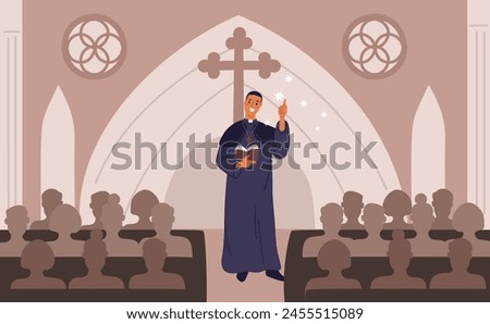 Sermon in catholic cathedral. Cartoon people in church. Congregation listens to priest speech. Spirituality and faith. Christian clergyman. Pastor reading gospel. Garish
