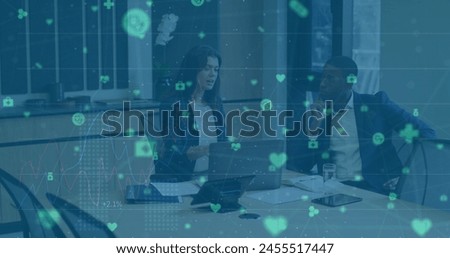 Image of financial data processing and network of connections over diverse business people. Global business and digital interface concept digitally generated image.