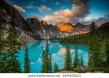 Golden Hour Magic: Sunset Over Ten Peaks at Moraine Lake, Banff National Park, Alberta, Canada - Captured in Exquisite 4K image