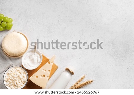 Various dairy products.  Jewish holiday Shavuot concept with cottage, cheese, milk, sour cream wheat crops on white background, copy space, concept flat lay.  Royalty-Free Stock Photo #2455526967