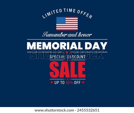 Holiday design, background with handwriting text and national flag colors for U.S. Memorial day, sales, commercial event; Vector illustration