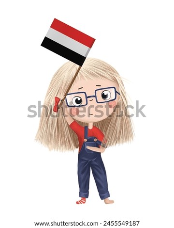 Funny cute girl with flag of Yemen. Bright clip art isolated