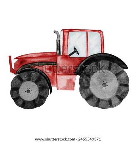 Tractor watercolor hand drawing. Clip art of a red toy car isolated on a white background. Illustration of an agricultural machine. For posters and cards, educational cards and game packaging
