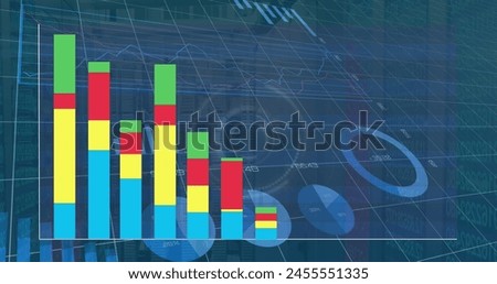 Image of colourful graph and data processing on interface charts. Global communication, business, data and digital interface concept digitally generated image.