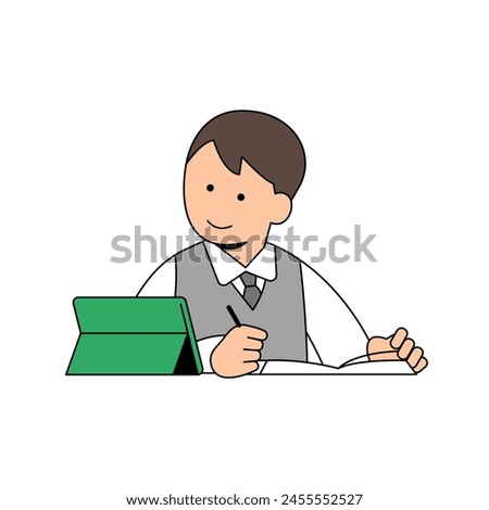 a school boy is taking online class on the pad. preparing for upcoming exam. cartoon style illustration clip art. 