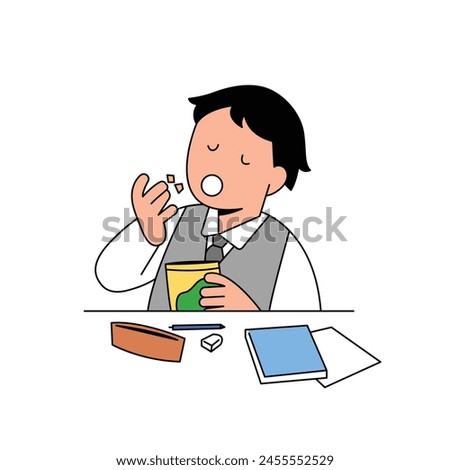 a school boy is snacking on some chips. His desk is quite messy. cartoon style illustration clip art. 