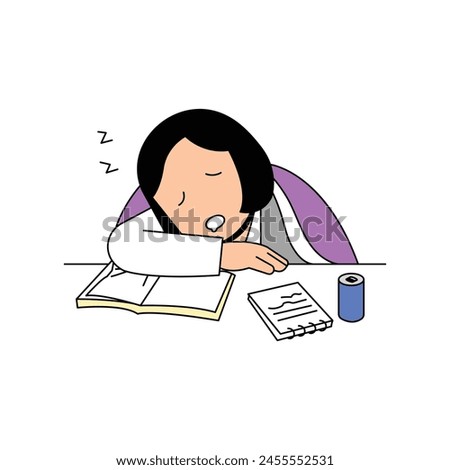 a school girl is sleeping on the desk. she was studying for upcoming exam.  cartoon style illustration clip art. 