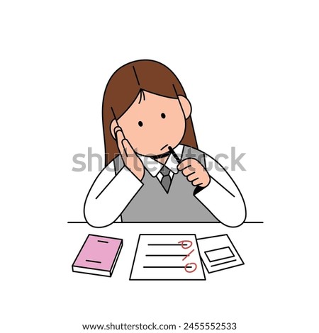 a school girl is grading her test papers. she is trying to figure out what's wrong with it.  cartoon style illustration clip art. 