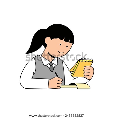 a school girl is taking notes of the class. she is holding a yellow note pad. cartoon style illustration clip art. 