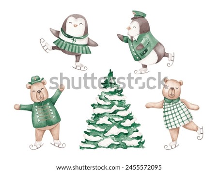Cute skating animals in green uniform hand drawn with watercolor. Isolated on white. Gender neutral characters. For creating cards, invitations, stickers, logo
