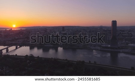 Sunrise aerial view of Belgrade, capital of Serbia. Royalty-Free Stock Photo #2455581685