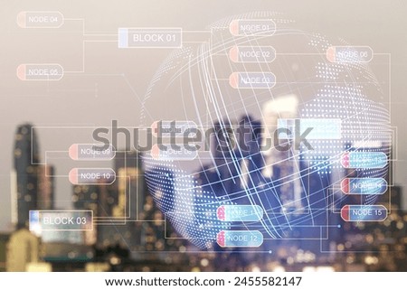 Abstract virtual coding illustration and world map on blurry skyscrapers background, international software development concept. Multiexposure