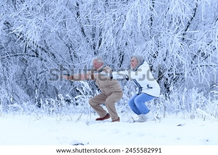 Portrait of beautiful elderly couple rejoice together in winter. High quality photo
