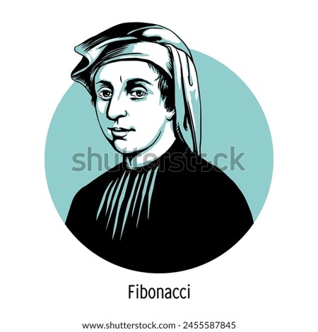 Fibonacci, (Leonardo of Pisa) was the first major mathematician of medieval Europe. Hand-drawn vector illustration