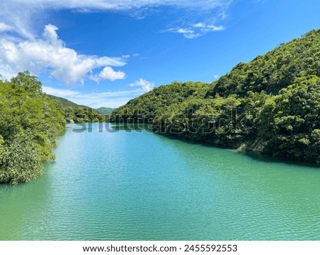 Serene Lake Nestled Amidst Lush Green Mountains Under a Clear Blue Sky