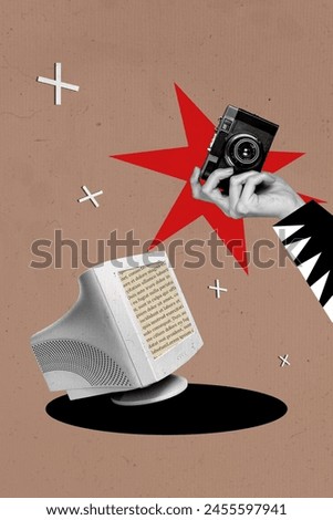 Photo collage composite trend image of silhouette young person hold hand camera paper page book text instead retro computer monitor
