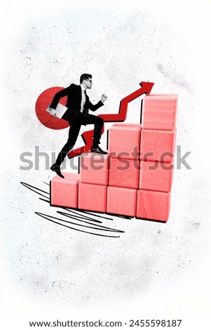 Vertical photo collage of serous young businessman step promotion development career progress macbook isolated on painted background