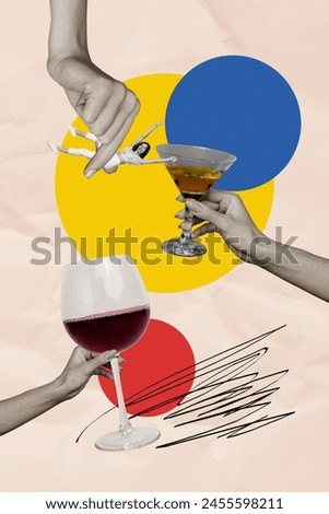 Collage image artwork of happy crazy cheerful woman have fun bar pub isolated on drawing background