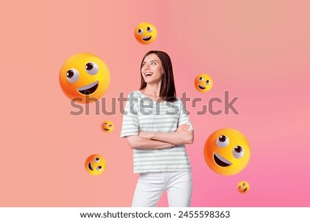 Creative collage picture young pretty carefree cheerful woman smiling emoticon face expression reaction drawing background