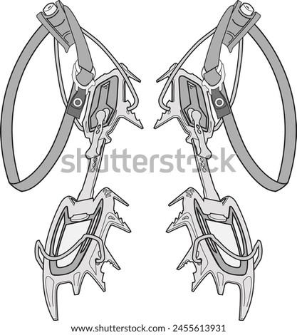 Strap-on mountaineering crampons technical vector illustration