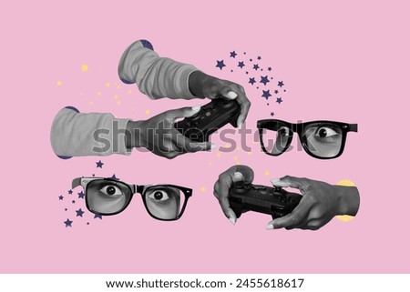 Creative image picture human hands holding joystick game addiction player crazy staring eyes glasses drawing background