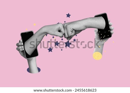 Composite photo collage of hands punch fists iphone device screen remote contact distance communication isolated on painted background
