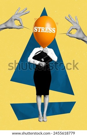 Trend artwork sketch photo collage of young business woman burnout depression tired stress banner air balloon explosion hand hols needle