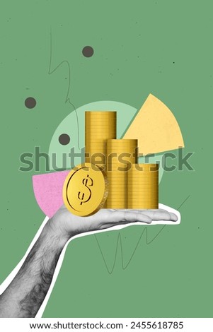 Vertical creative collage human hand hold golden money stack succesful investing plan infographic results drawing background