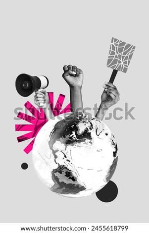 Vertical collage picture human hands protest earth planet demonstration independence day power fist gesture loudspeaker movement