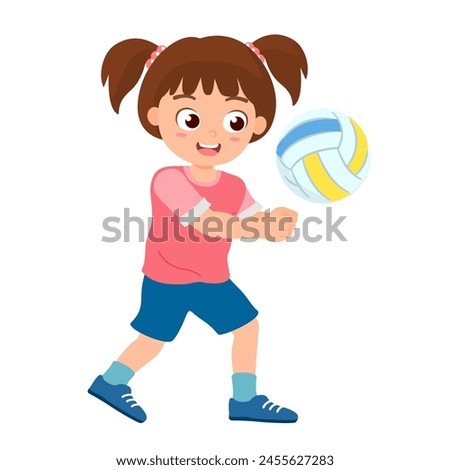 Little girl playing volleyball. Cute kids doing outdoor activity. Sport and recreation for exercise in children concept. Flat style.