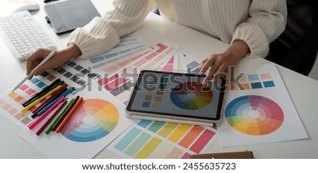Woman graphic designer working in home office. Artist creative designer illustrator graphic skill concept